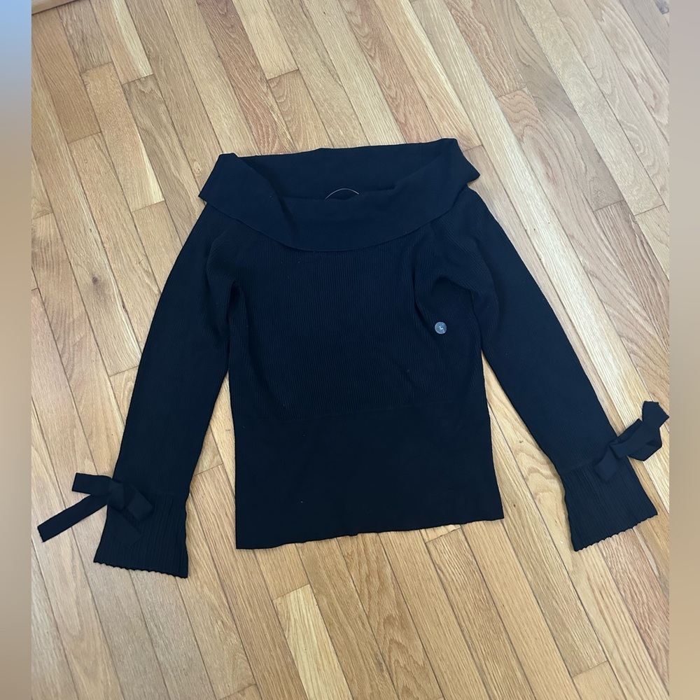New York & Company Black Off-Shoulder Sweater with Bow Accents Size Large